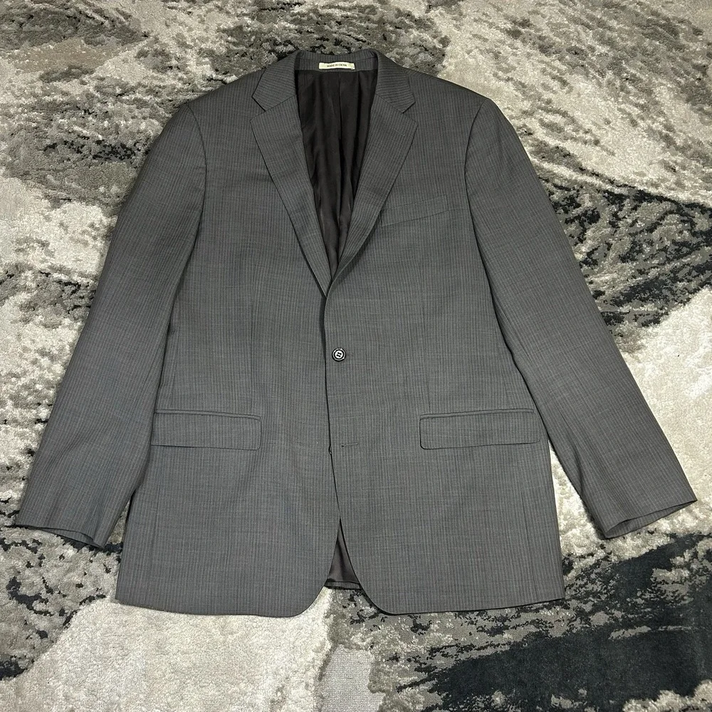 Lauren Ralph Lauren Blazer Sport Jacket 46 L Gray 100% Wool Trim Fit Pin Striped